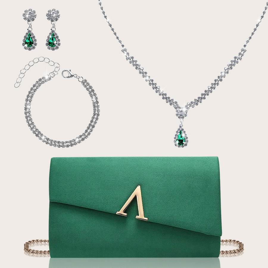 Women'S Bags Holiday - กระเป๋าคลัทช์ผู้หญิงสีทึบที่งดงามและเรียบง่าย จับคู่กับชุดต่างหูไรน์สโตนส่องแสงสี่ชิ้น สร้อยข้อมือ และสร้อยคอจี้ กระเป๋าพลิกดีไซน์โลหะที่หรูหราและประณีต เหมาะสำหรับเจ้าสาว