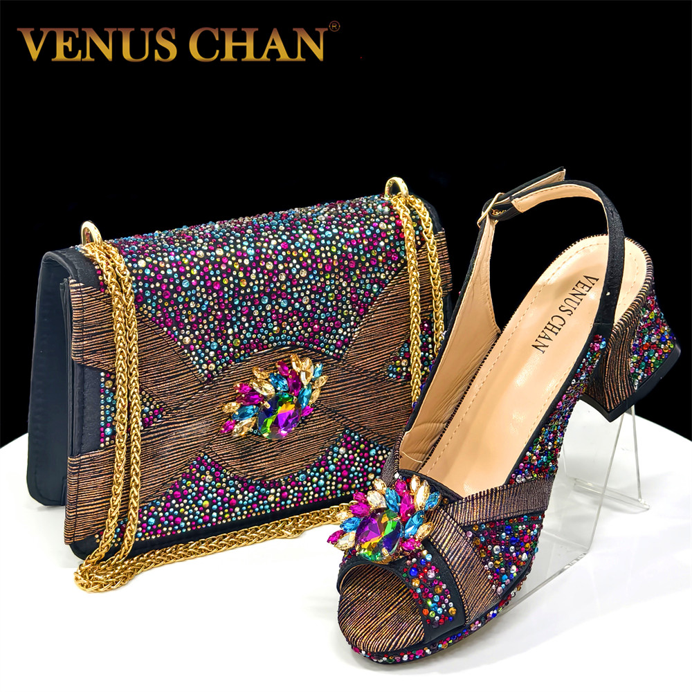 Women Bags On Sale - 2025 ชุดรองเท้าและกระเป๋าถือสตรีอิตาลีสุดหรู - รองเท้าแตะส้นสูง Peep-Toe Rhinestone