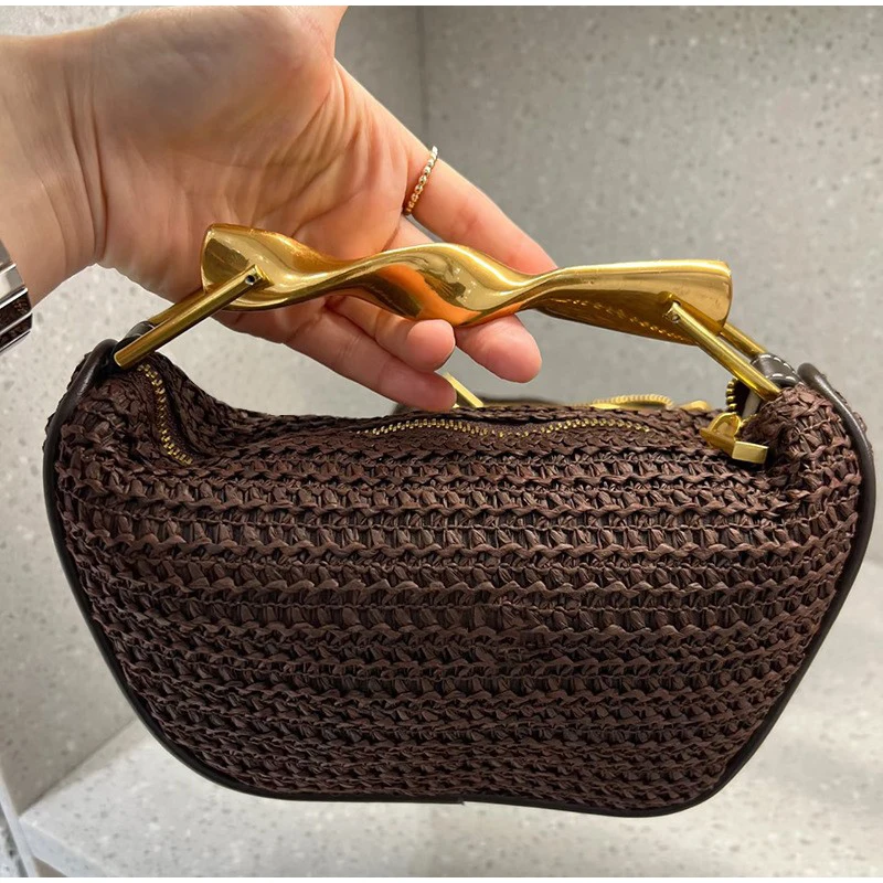 Women Bags High End Brands - กระเป๋าถือแบรนด์ Gold Handle งานถักมือ ดีไซน์โบว์หนังคุณภาพสูง หรูหรา