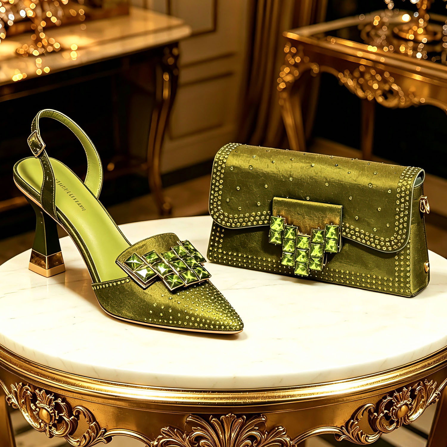 Women Bags Designer - 2026 INS รองเท้าส้นสูงผู้หญิงหัวแหลมประดับไรน์สโตนสีเขียวมะกอกดีไซน์อิตาลีพร้อมชุดกระเป๋าเข้าชุดสำหรับงานปาร์ตี้และงานแต่งงาน