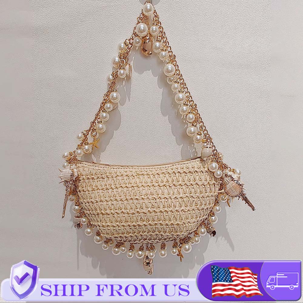 Women'S Bags Holiday - กระเป๋าถือสานมุกหอยสังข์ทำมือสำหรับผู้หญิง กระเป๋าสะพายข้างสำหรับวันหยุดฤดูร้อน กระเป๋าถือแบบพันรอบตัว กระเป๋าโท้ท กระเป๋าโฮโบ